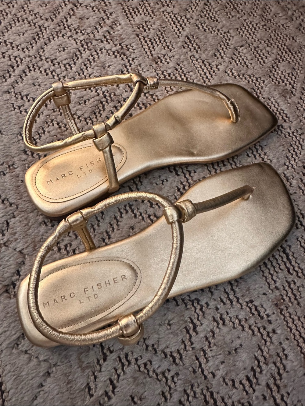 Marc Fisher Metallic Gold T-Strap Square-Toe Sandals